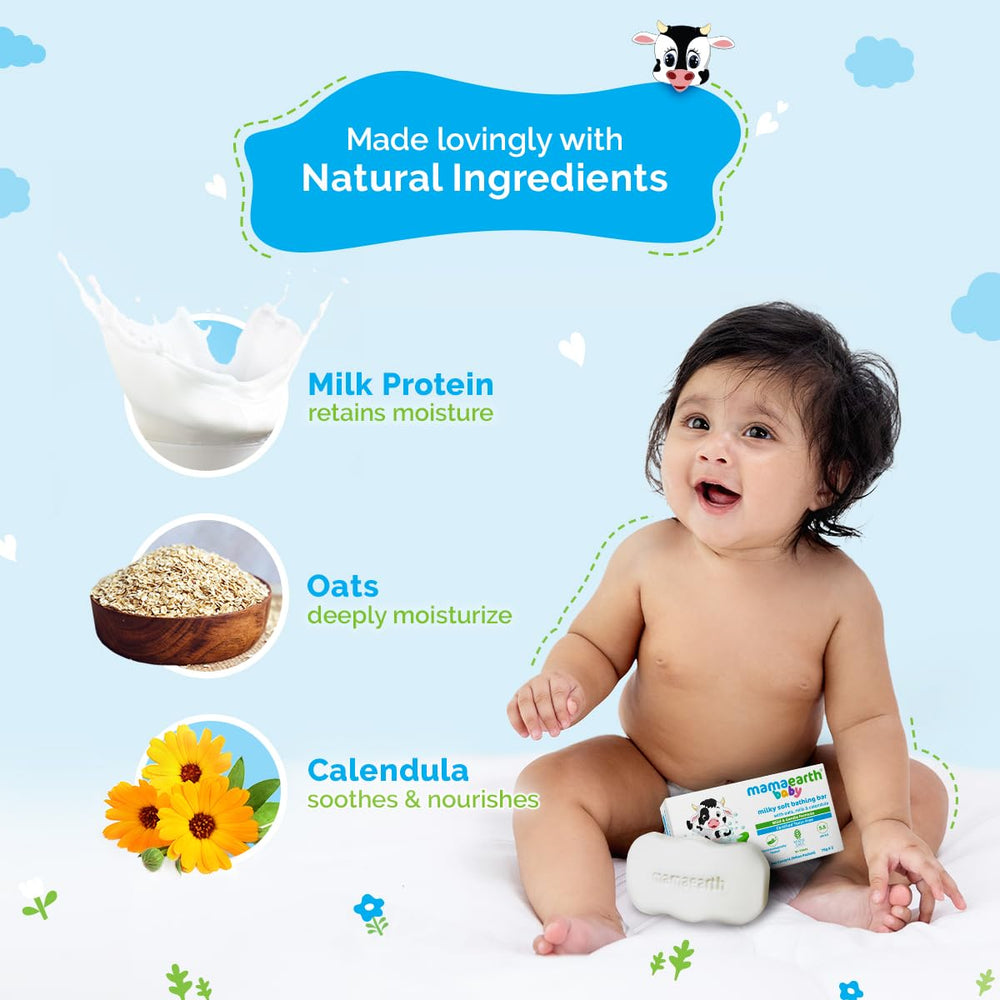 MAMAEARTH Milky Soft tear-free formula visible on the bar packaging.