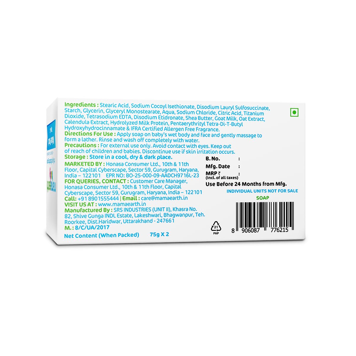 MAMAEARTH Milky Soft soap bar delivering gentle cleansing for newborn and sensitive skin.