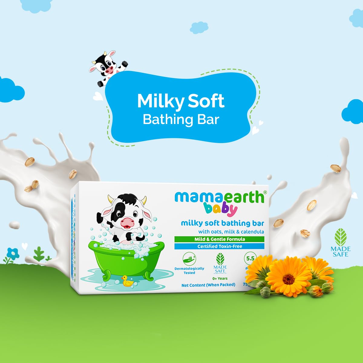 MAMAEARTH Milky Soft soap bar in hand reveals a creamy, tear-free lather.