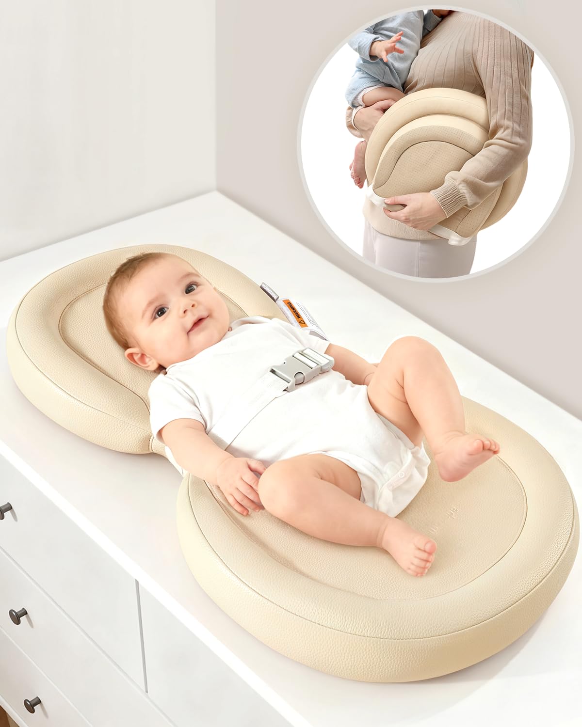 Mamatepe baby changing pad waterproof beige with wipe-clean surface for quick cleanup