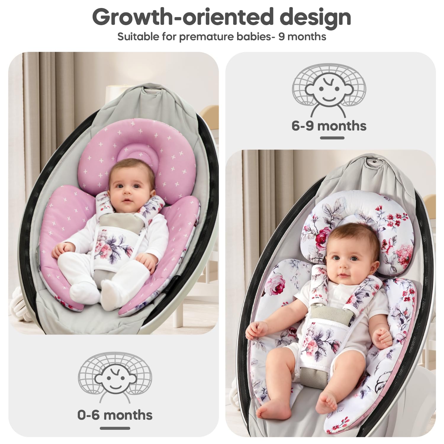 Mamatepe insert compatible with Mamaroo and Graco swings for secure fit.