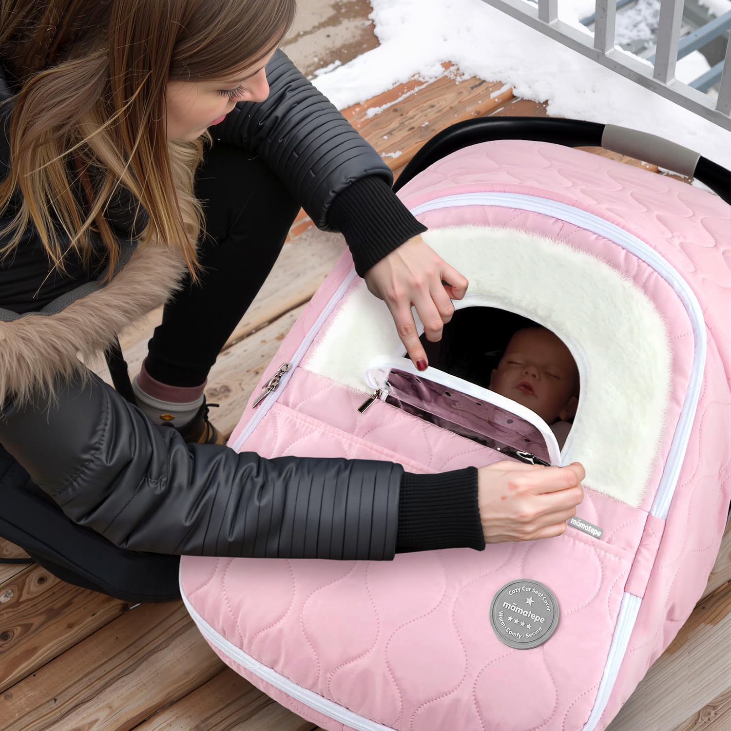 Mamatepe winter baby car seat cover machine washable for easy cleaning after outings.
