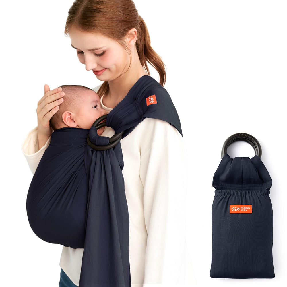 Mamaway Baby Ring Sling navy in use for hands-free bonding and soothing cuddles