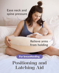 Mamaway nursing pillow using wraparound buckle eases latch and comfortable breastfeeding.