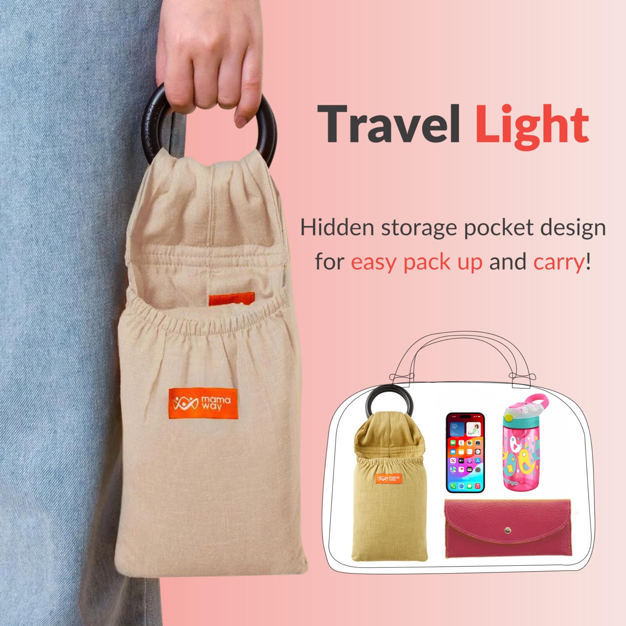 Mamaway Ring Sling storage pocket design folded for portability