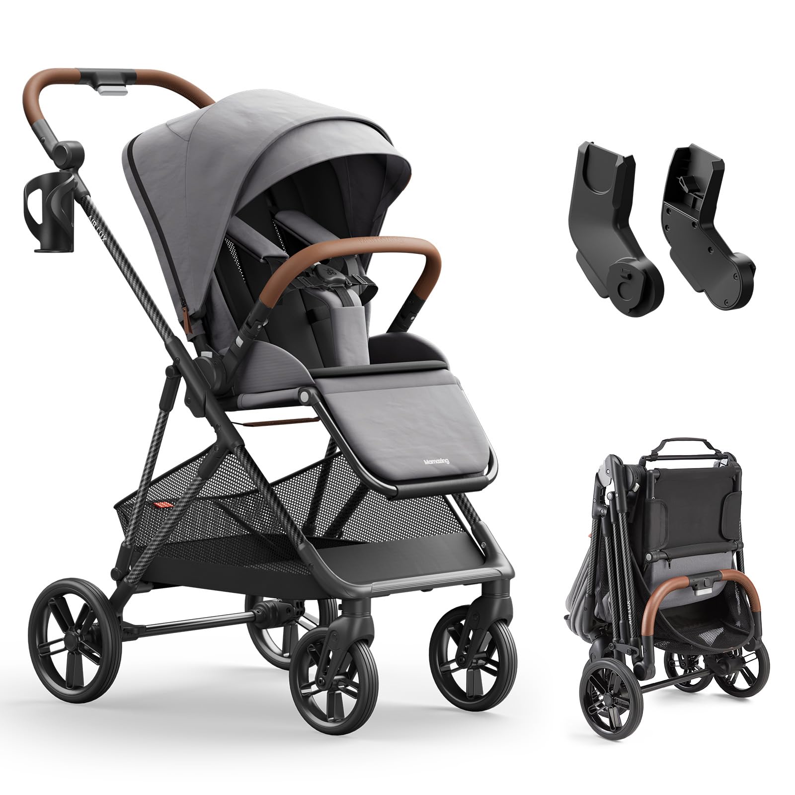 MAMAZING Air Lux stroller carbon-frame close-up showing lightweight strength for busy days.