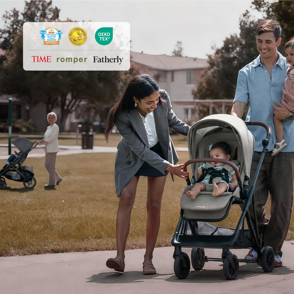 MAMAZING Air Lux stroller in city walk shows smooth ride on urban surfaces.