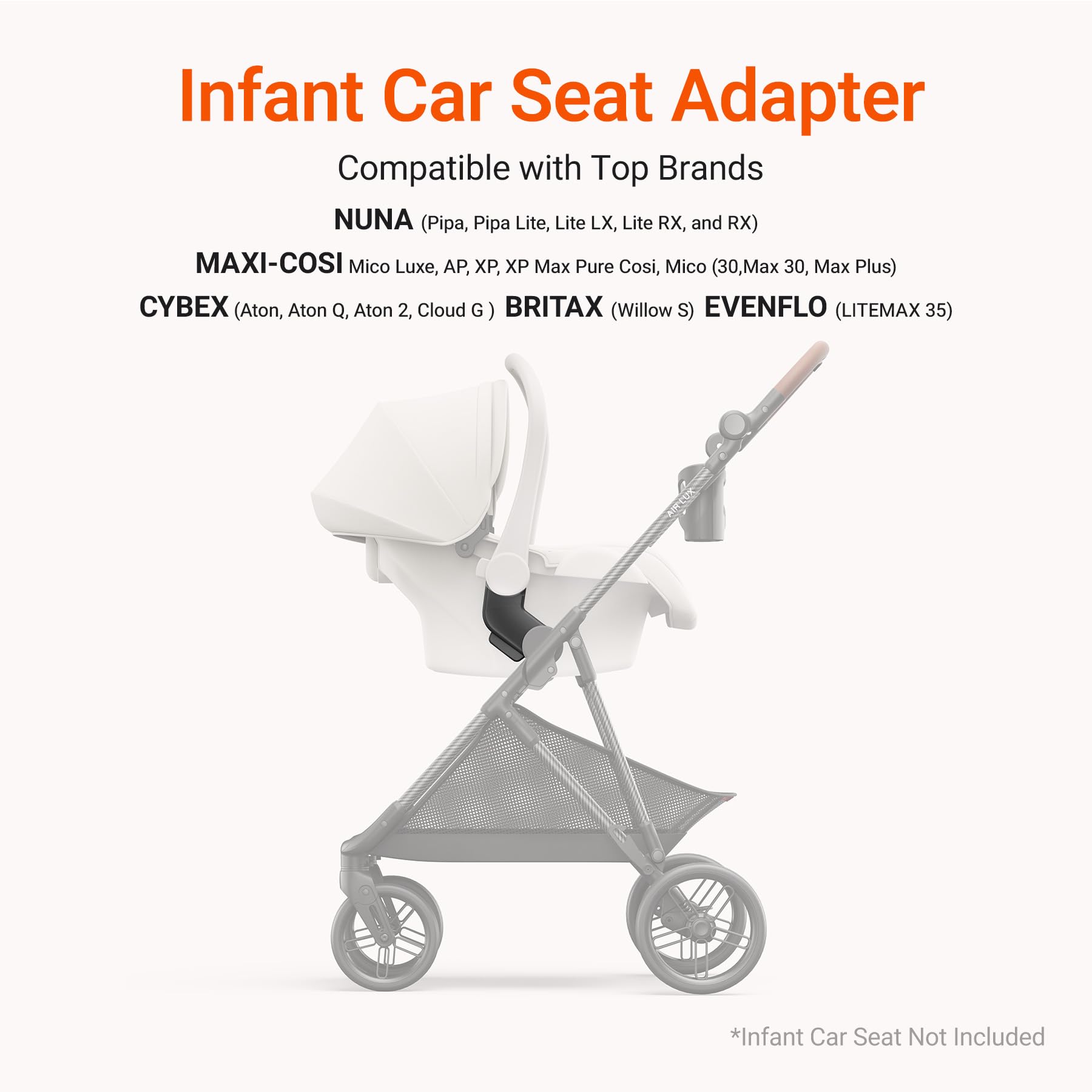 MAMAZING Air Lux stroller with infant car seat adapter shows seamless compatibility.