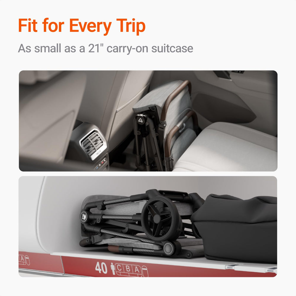 MAMAZING airplane-friendly stroller easily fits overhead bins for hassle-free air travel.
