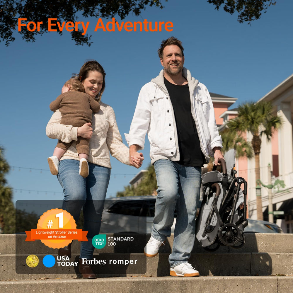 MAMAZING carbon fiber frame stroller highlights durability and feather-light handling during trips.