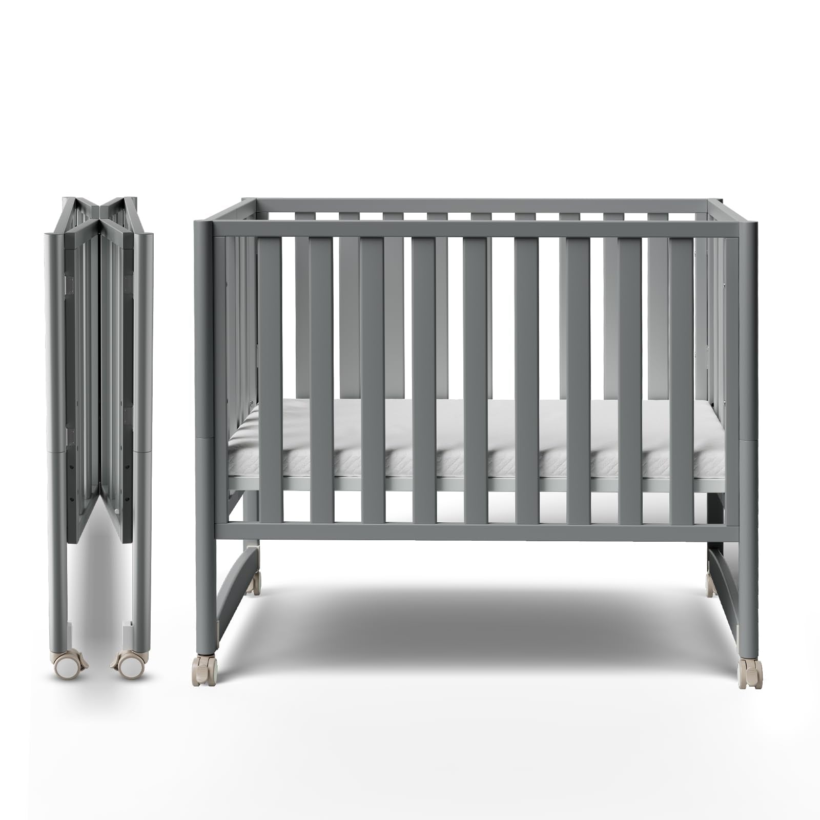 MAMAZING EvoNook crib grey front view highlighting sturdy NZ pine construction