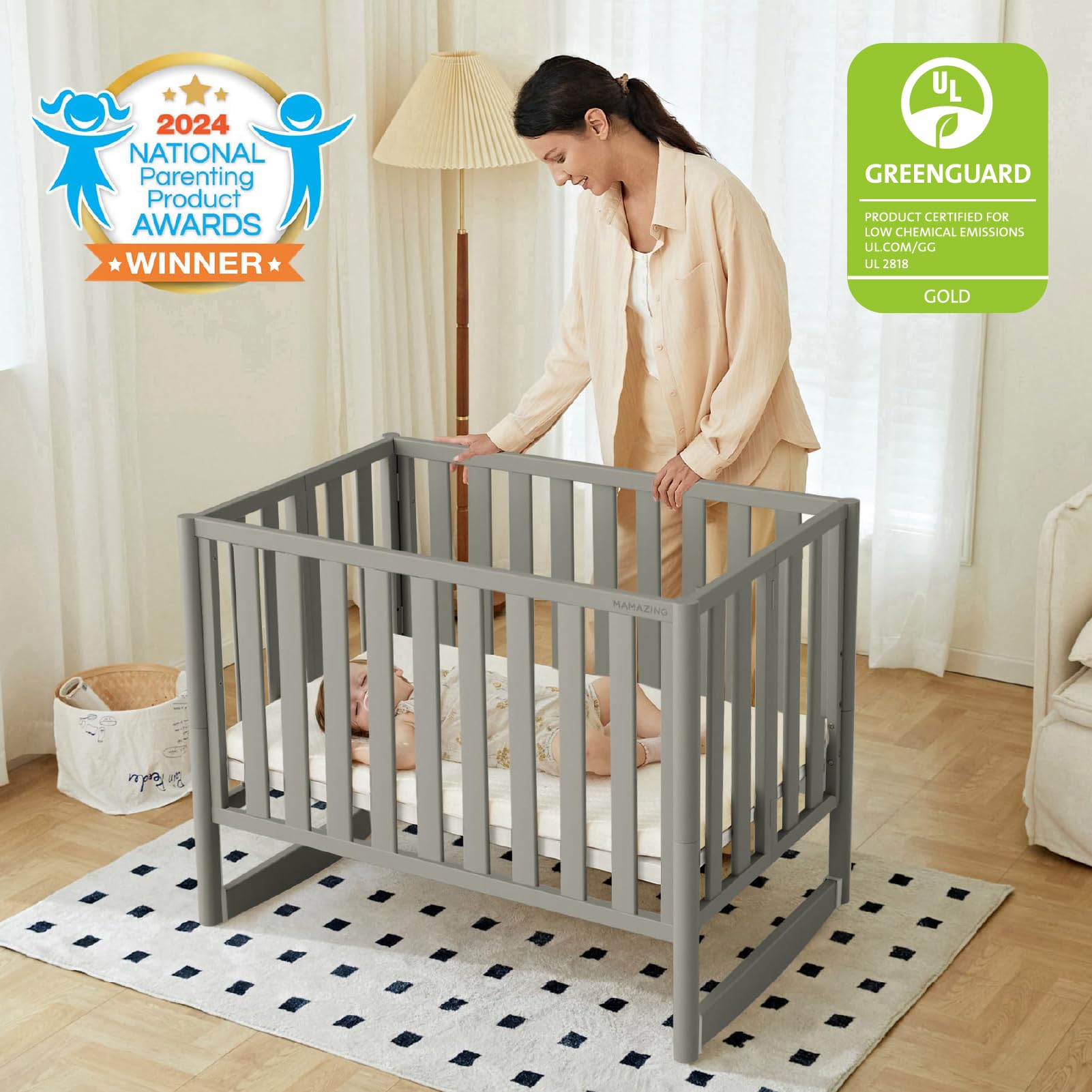MAMAZING EvoNook grey side view showing compact footprint for small nurseries