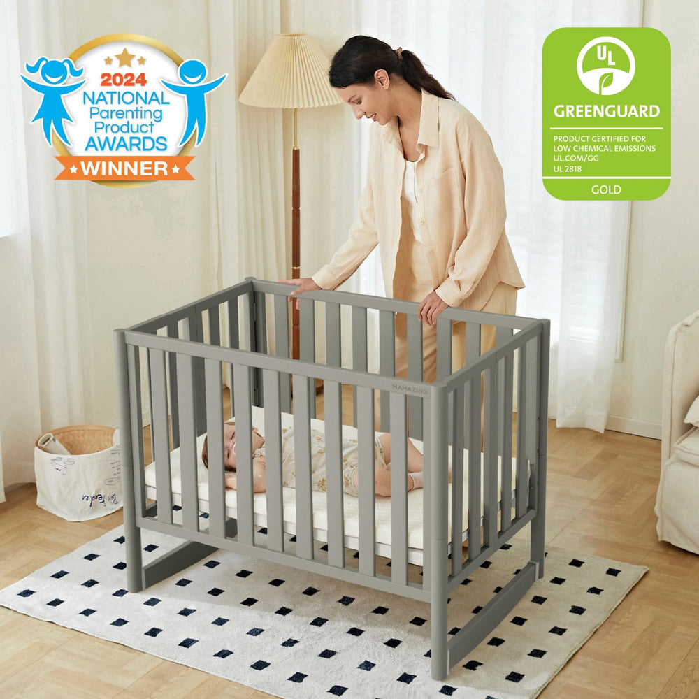MAMAZING EvoNook grey side view showing compact footprint for small nurseries