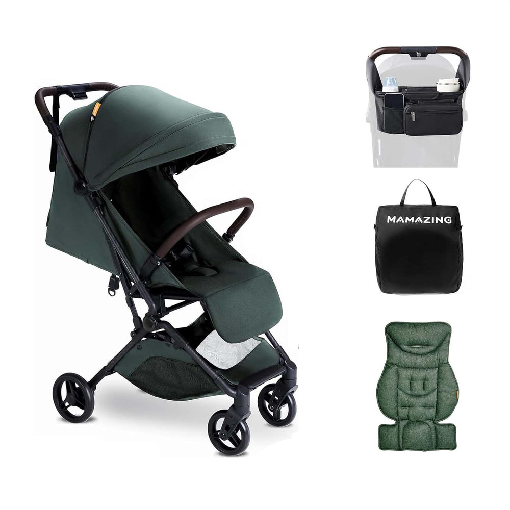 MAMAZING lightweight travel stroller with carbon fiber frame showcased for easy portability.