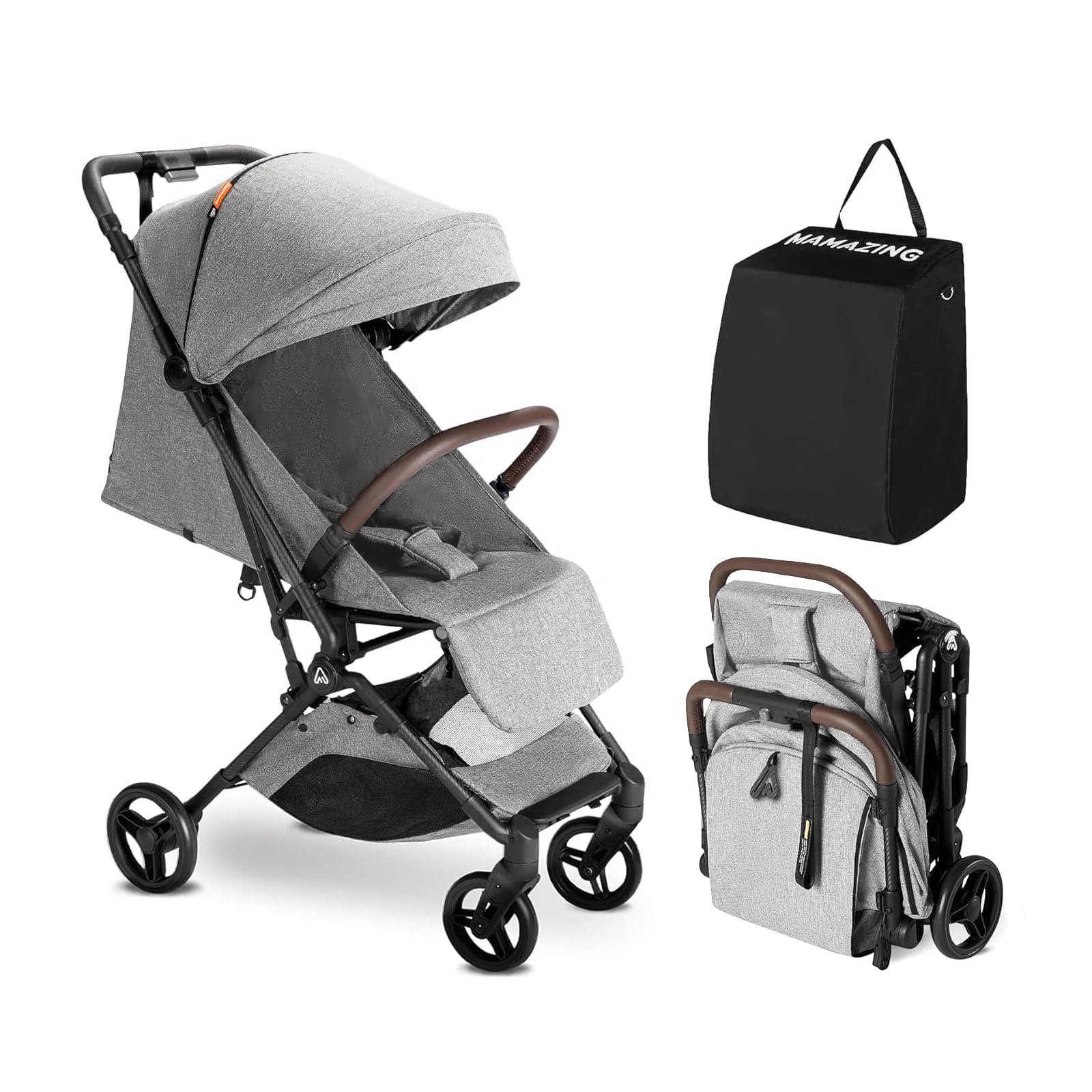 MAMAZING lightweight travel stroller with compact fold for easy car trunk storage and on-the-go travel.