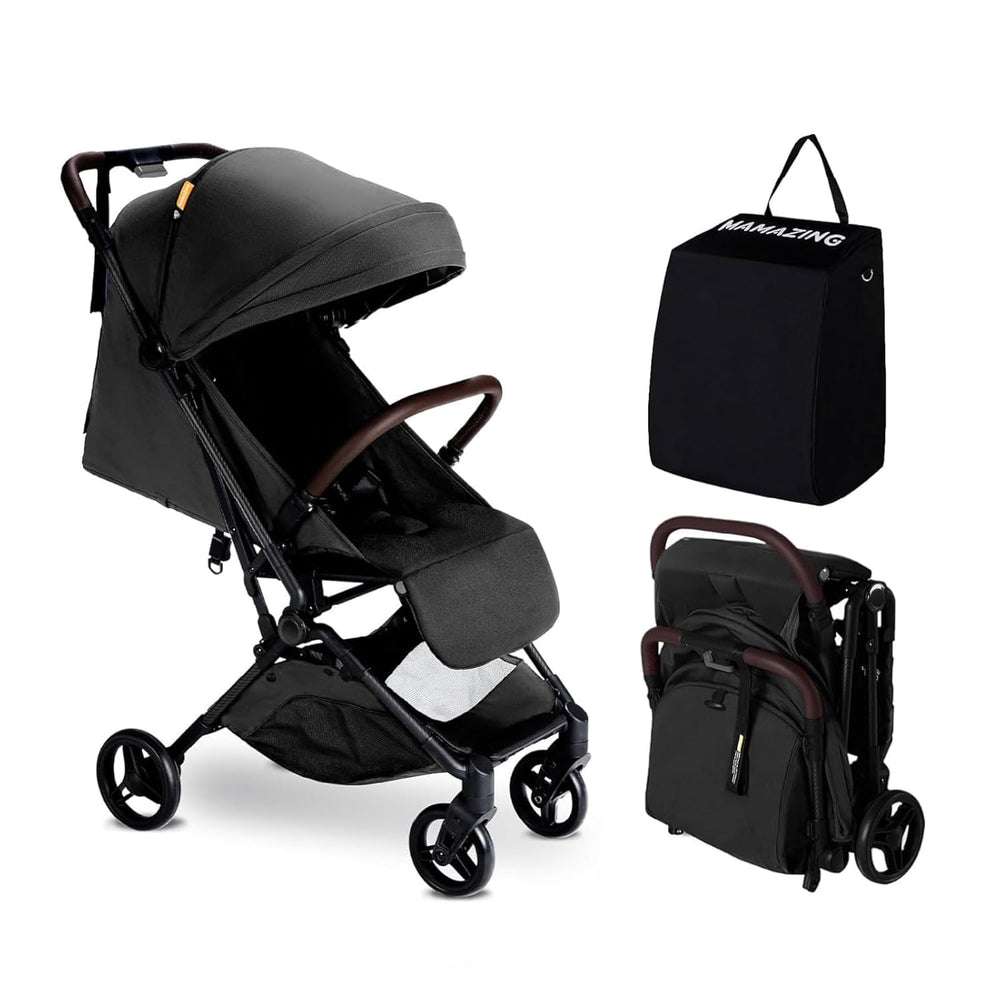 MAMAZING lightweight travel stroller folded for easy transport