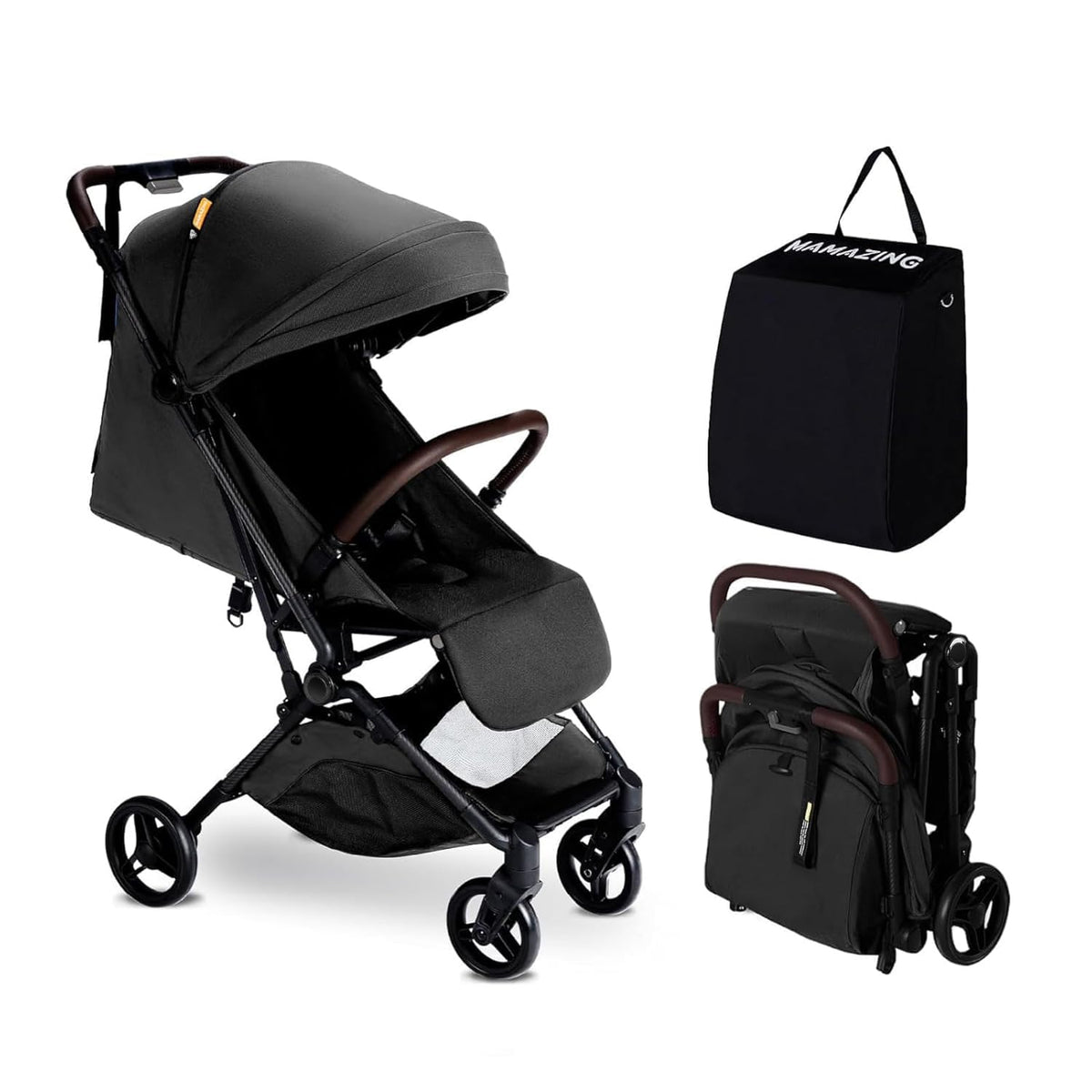 MAMAZING lightweight travel stroller folded for easy transport