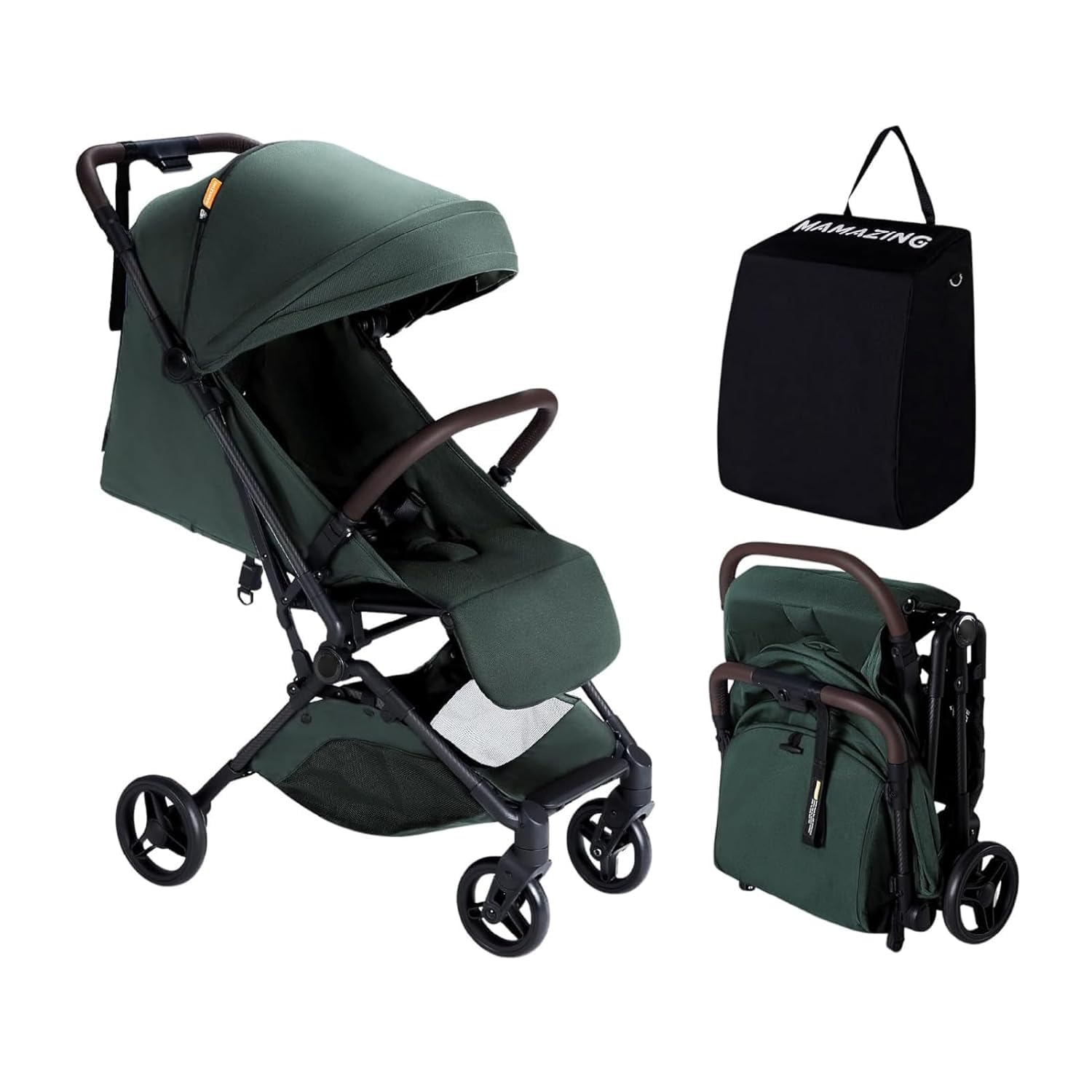 MAMAZING lightweight travel stroller folded for compact storage and easy transport.