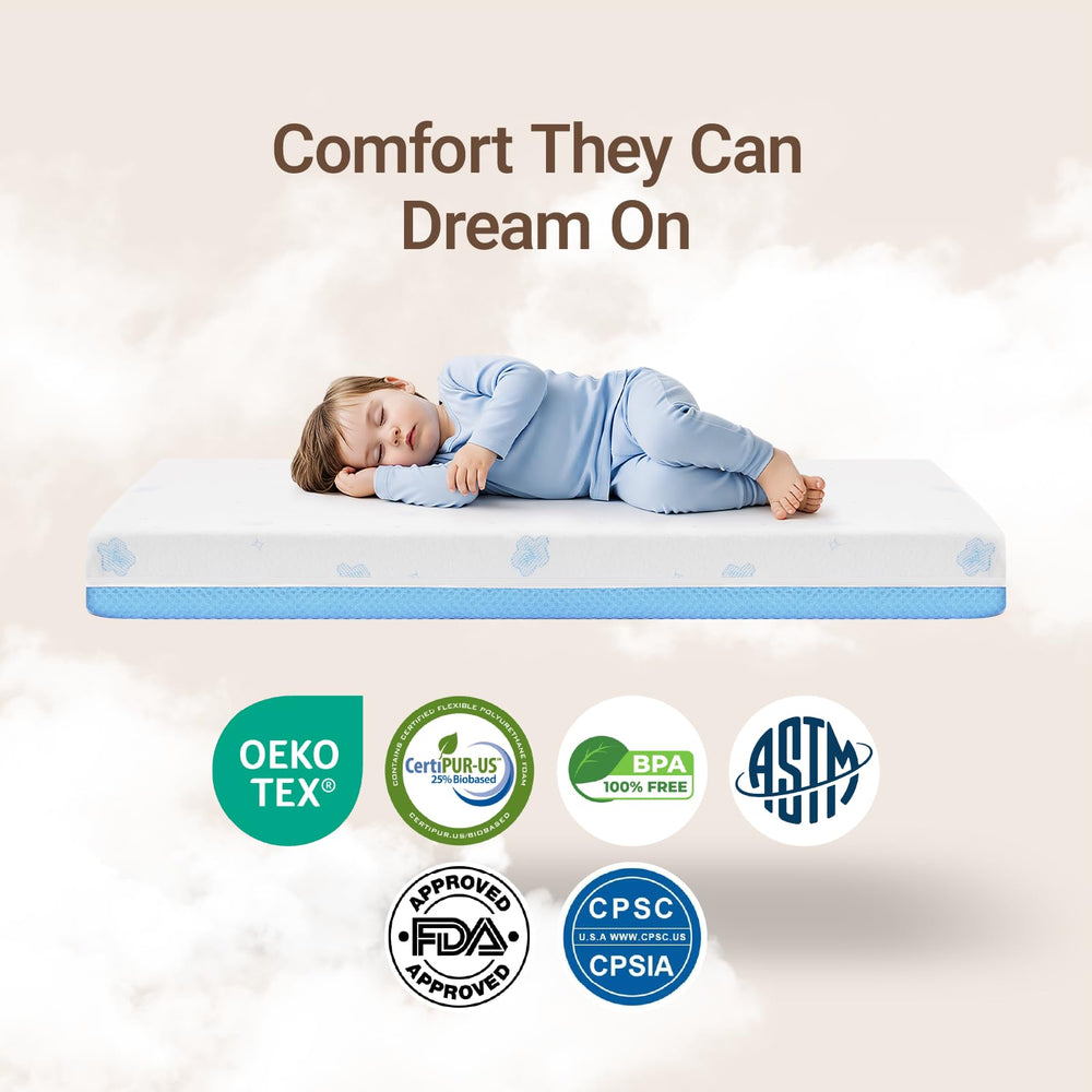 MAMAZING Mini Crib Mattress side profile shows slim, portable form for mini cribs