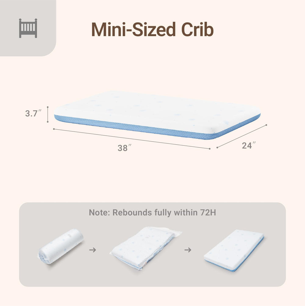 MAMAZING Mini Crib Mattress top view reveals two-stage design for versatile comfort
