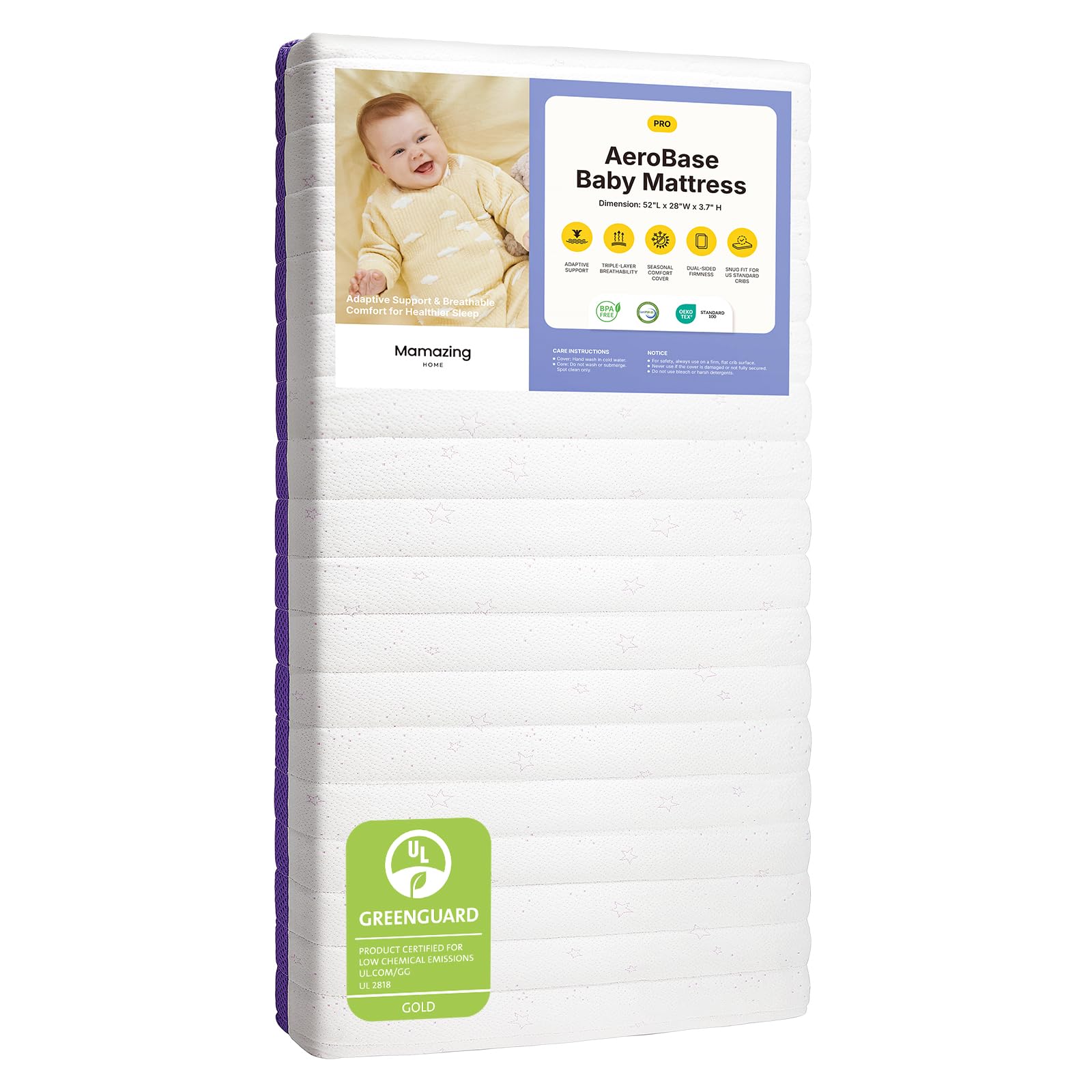 MAMAZING SleepBond technology image highlights micro-support points for better baby spinal alignment.