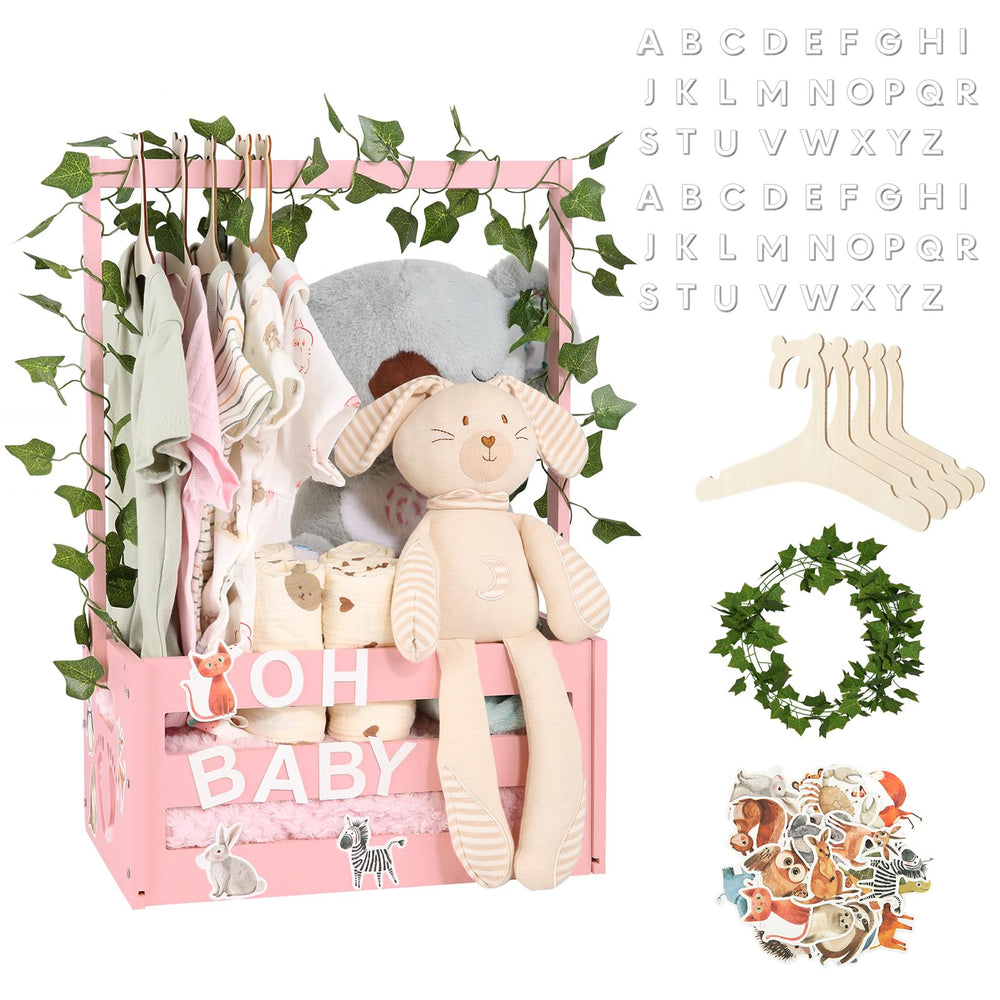 MAMBAKOTR baby shower gift basket with a personalized wooden crate for stylish gifting.