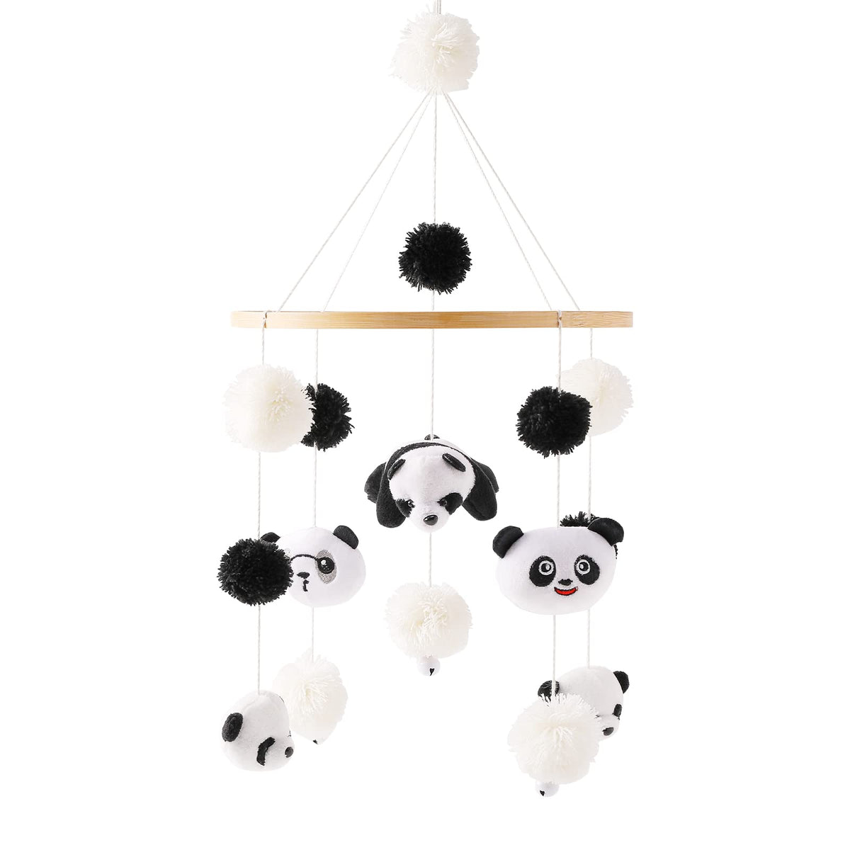 Mamimami Home Panda Mobile wooden hoop closeup with cotton panda art for calm visual engagement