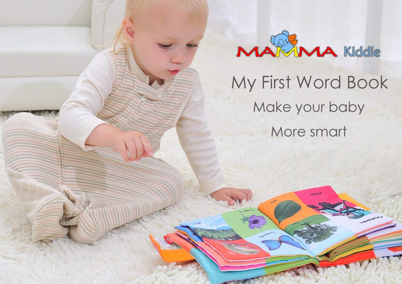 MAMMA Kiddie baby soft activity book pages closeup shows high-contrast visuals for early learning.