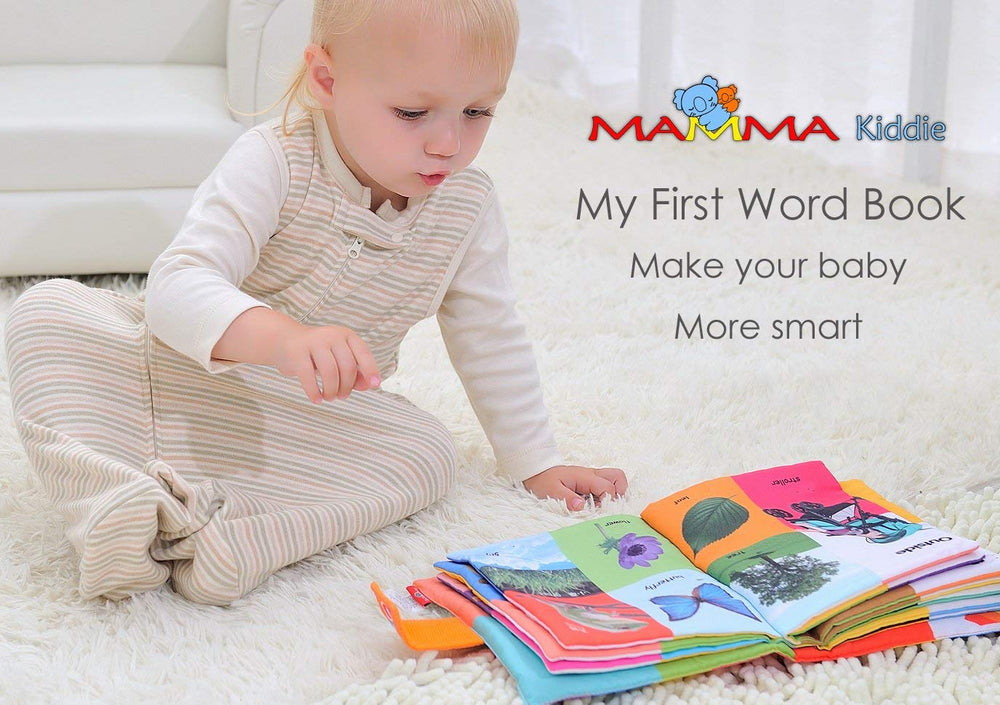MAMMA Kiddie baby soft activity book pages closeup shows high-contrast visuals for early learning.