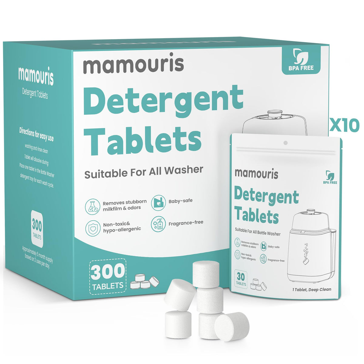 Mamouris 300pcs detergent tablets box front, bulk value for frequent bottle washers.