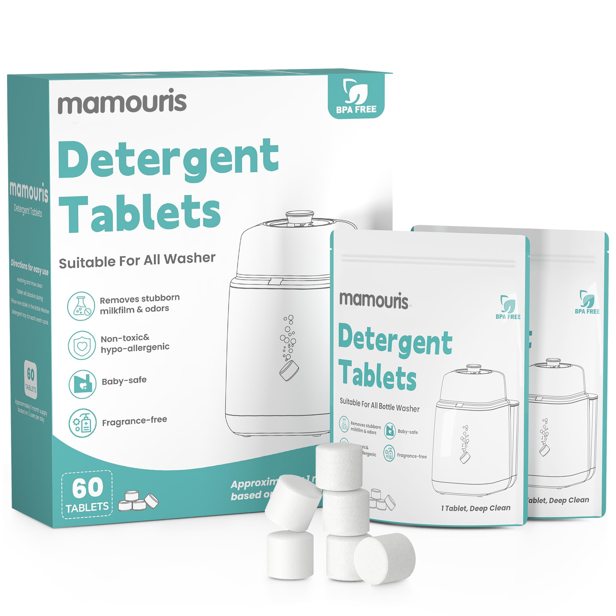 Mamouris bottle-washer pack 60 tablets for quick, thorough bottle cleaning.