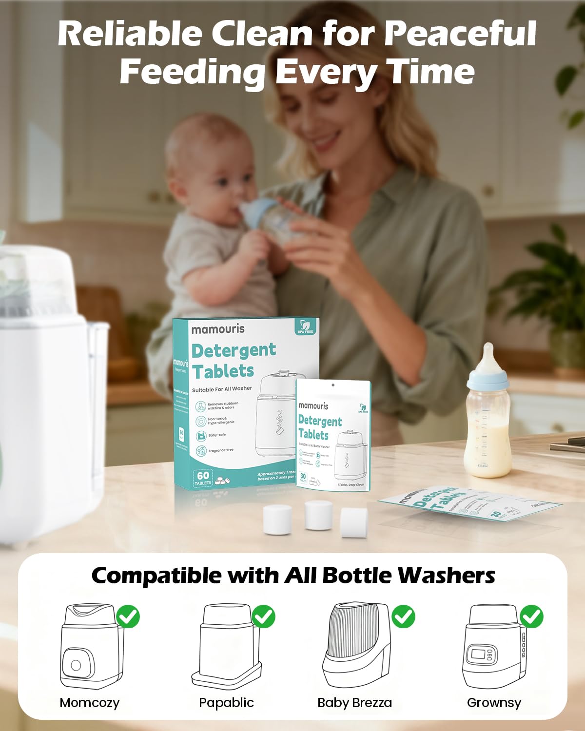Mamouris deep-clean enzymes deliver powerful milk residue removal for clean bottles.