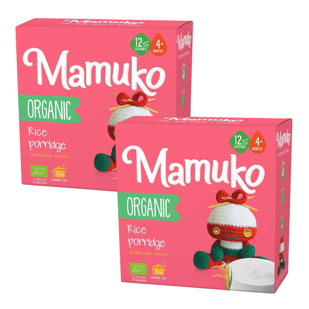 Mamuko Organic Porridge packaging shows dairy-free, sugar-free formula for gentle early nutrition.