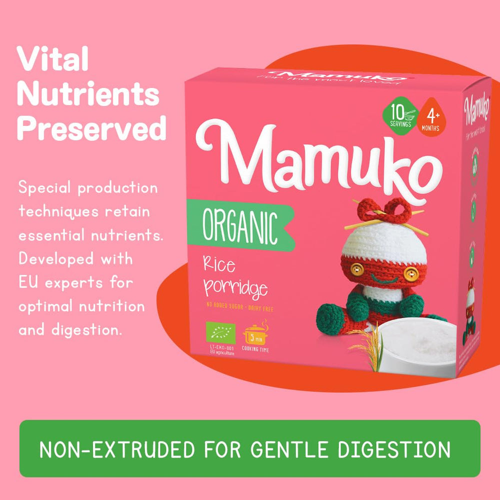 Mamuko porridge ingredients showcase non-GMO, whole grain, dairy-free nutrition without artificial additives.