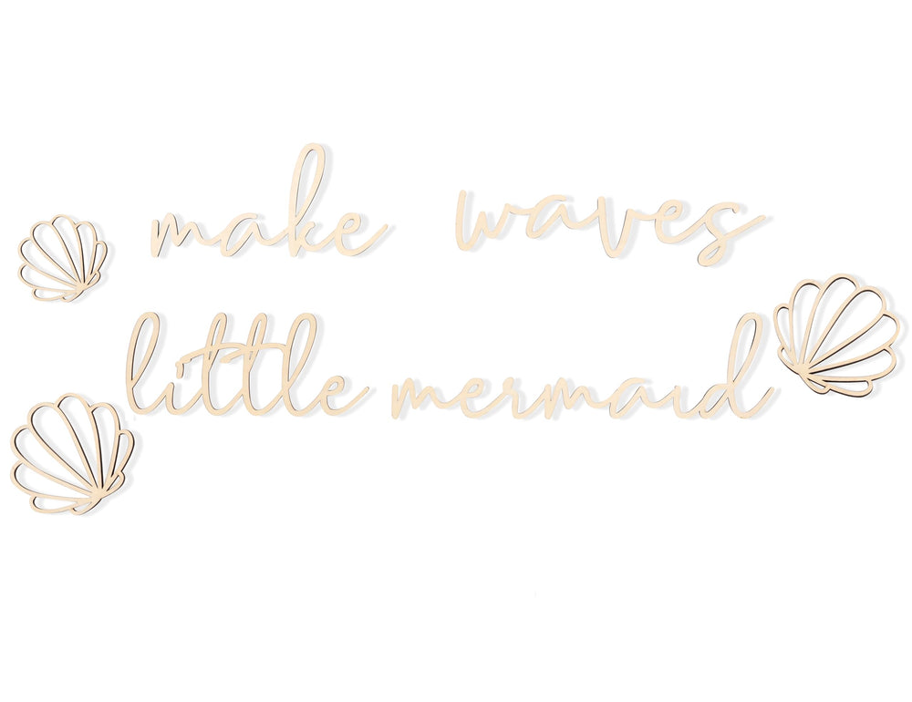 MAMUXI lettering wood Make Waves Mermaid sign on natural birch enhances nursery decor.