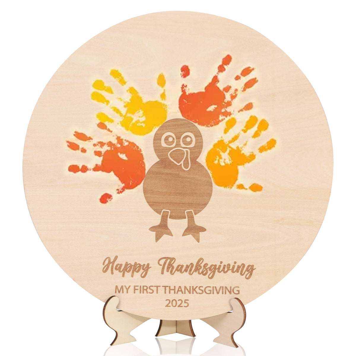 MAMUXI Thanksgiving handprint board closeup showing warm wood texture for memories
