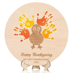 MAMUXI Thanksgiving handprint board closeup showing warm wood texture for memories
