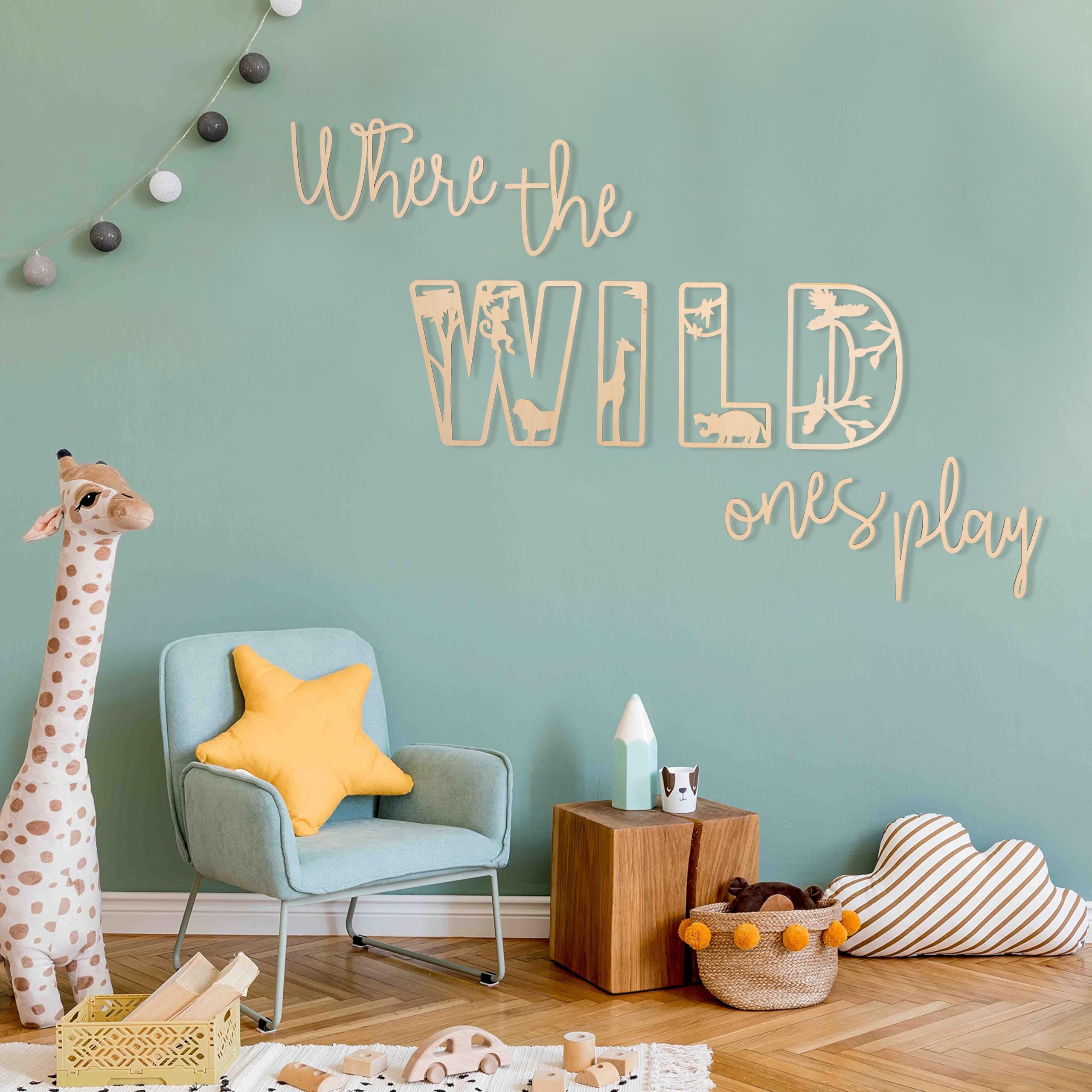 MAMUXI Where The Wild Ones Play sign wall mount elevates a playful nursery display.