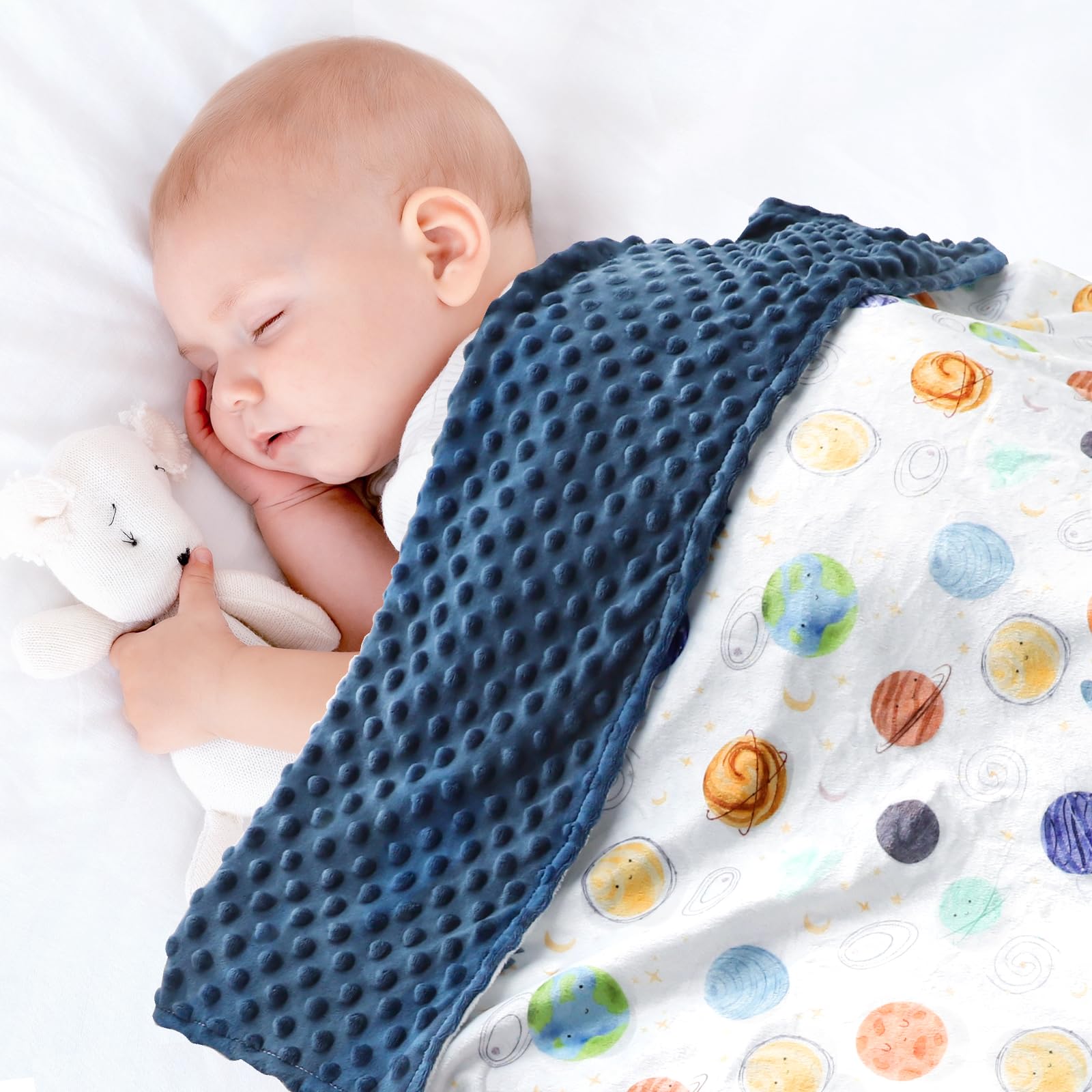 Man Fai Sky baby blanket with dotted back for cozy crib or stroller use.