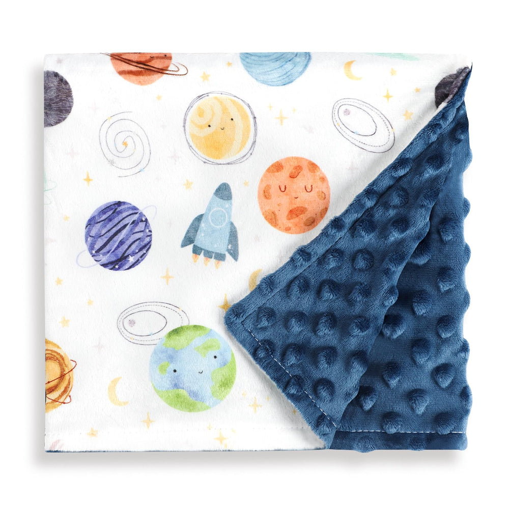 Man Fai Sky baby blanket with double-layer plush front and dotted back for gentle warmth.