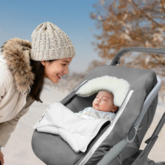 Man Fai Sky car seat cover fleece interior provides cozy warmth on cold trips.