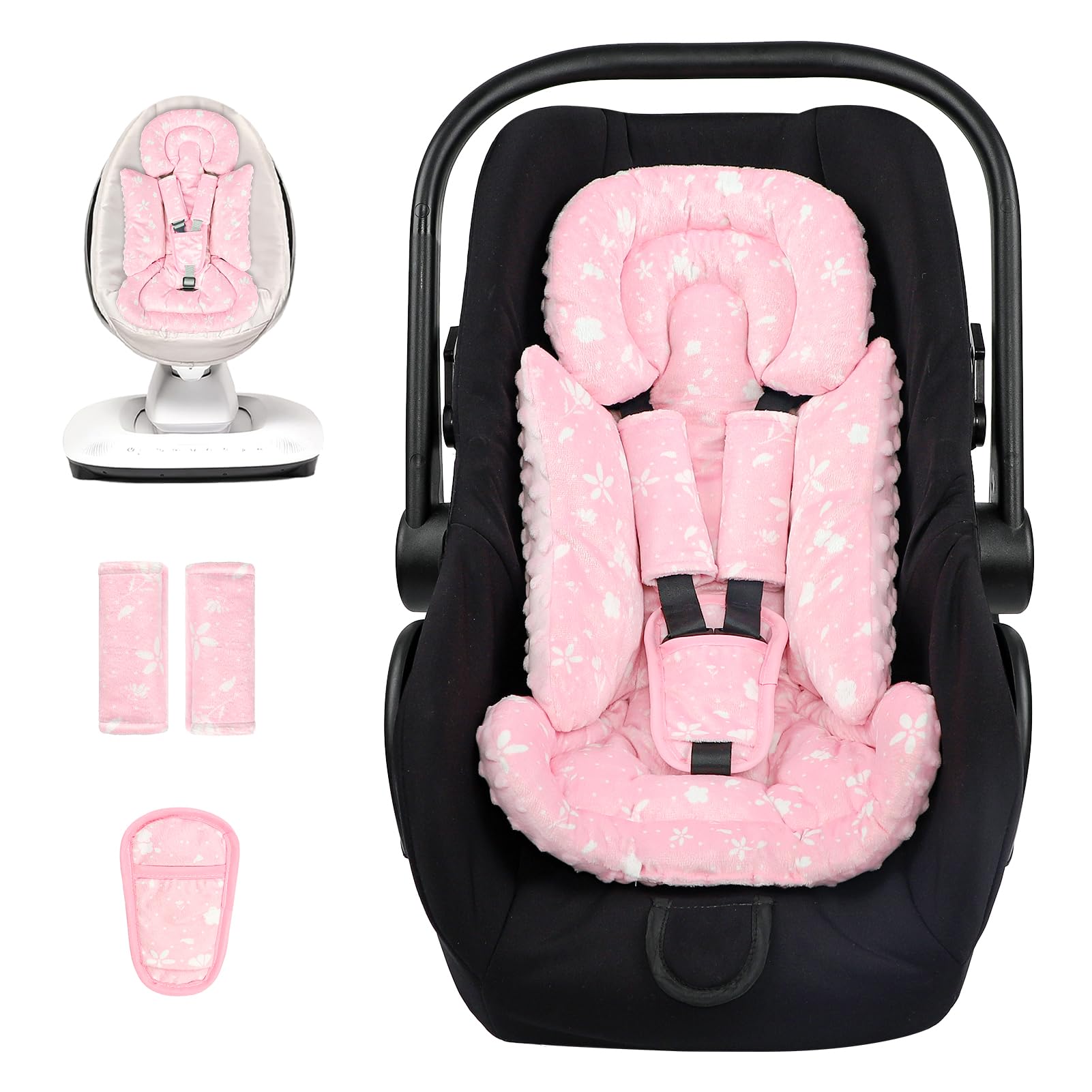 Man Fai Sky car seat head support pink provides gentle stabilization for tiny heads.