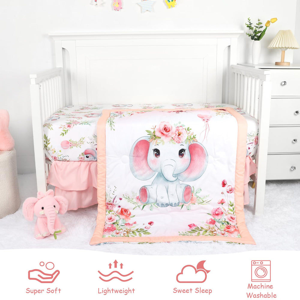 Man Fai Sky crib skirt with elephants pattern adds a tidy, tasteful nursery finish