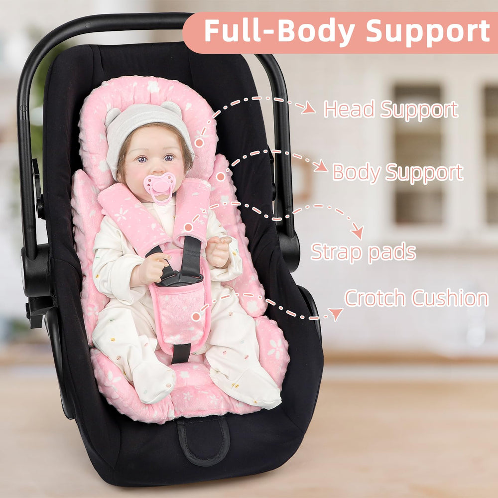 Man Fai Sky pink floral design adds style to car seat setup.