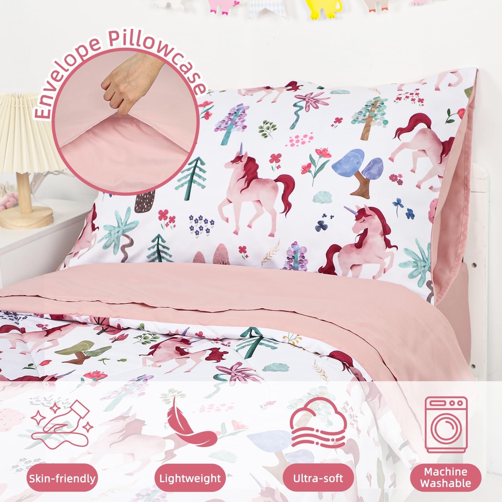 Man Fai Sky unicorn-pattern bedroom—bright pink accents for playful vibe.