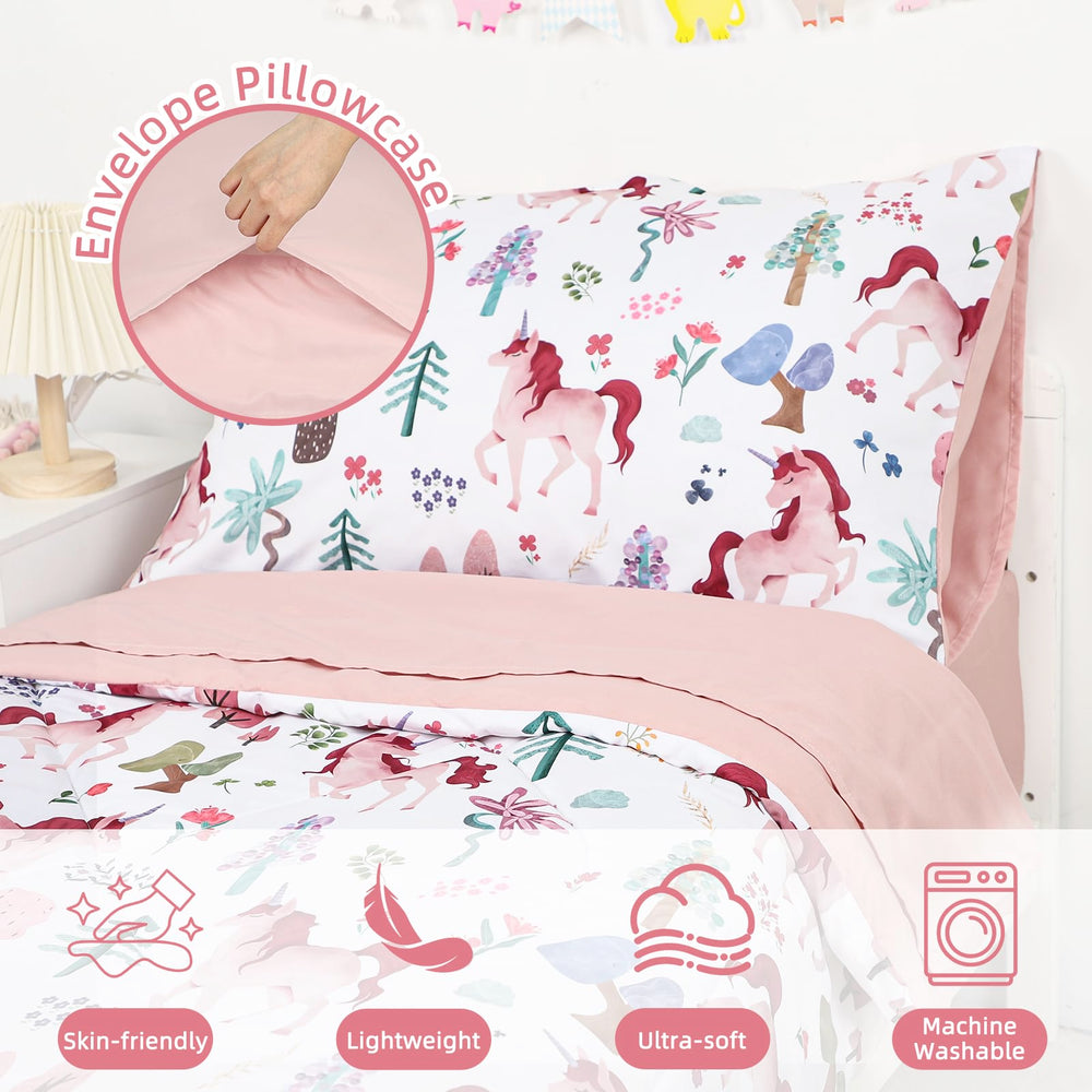 Man Fai Sky unicorn-pattern bedroom—bright pink accents for playful vibe.
