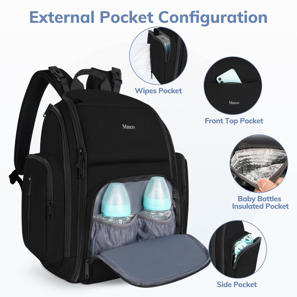 Mancro backpack-diaper-bag side-pocket-bottles quick-access pockets for bottles or drinks