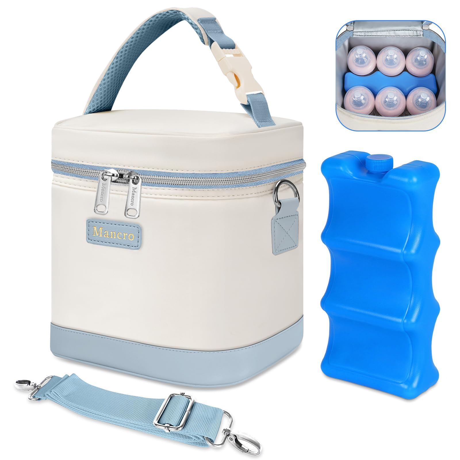 Mancro bottle cooler bag open with six bottle slots for organized pumping at daycare.