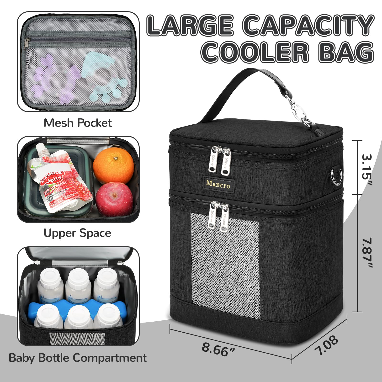 Mancro insulated cooler bag detail with triple-layer insulation and leakproof seams