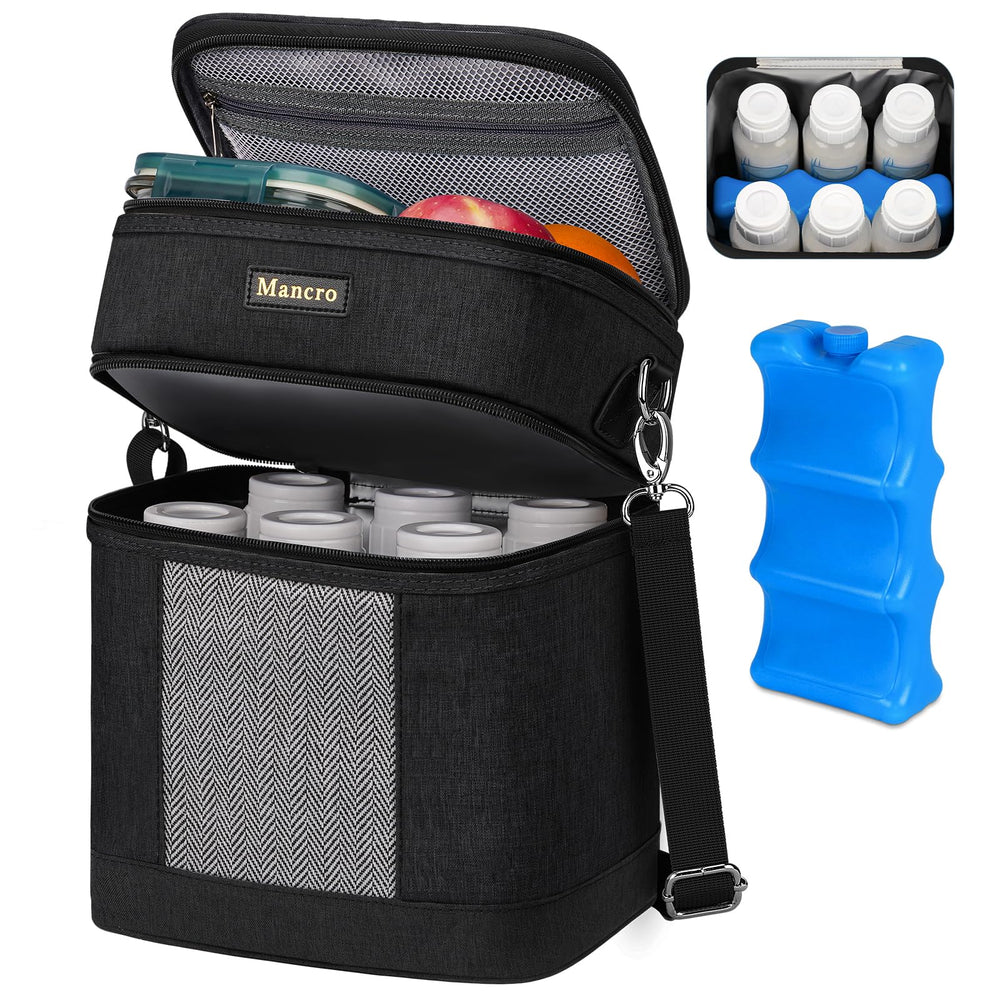 Mancro breast milk cooler bag open view showing double-layer design for bottles